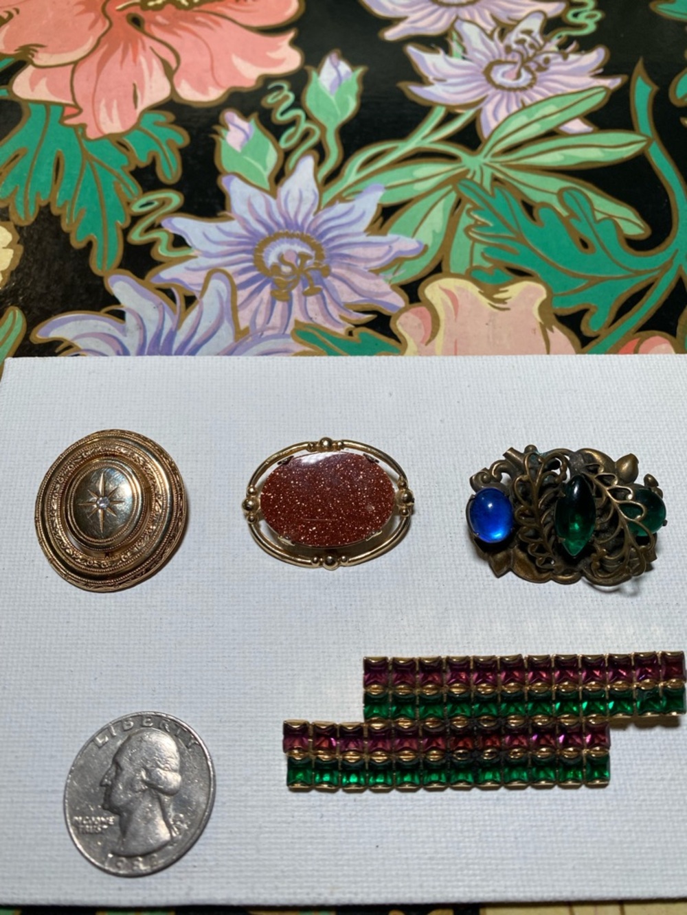 Vintage Gold-Tone Brooch Trio with Blue, Green and Brown Accents